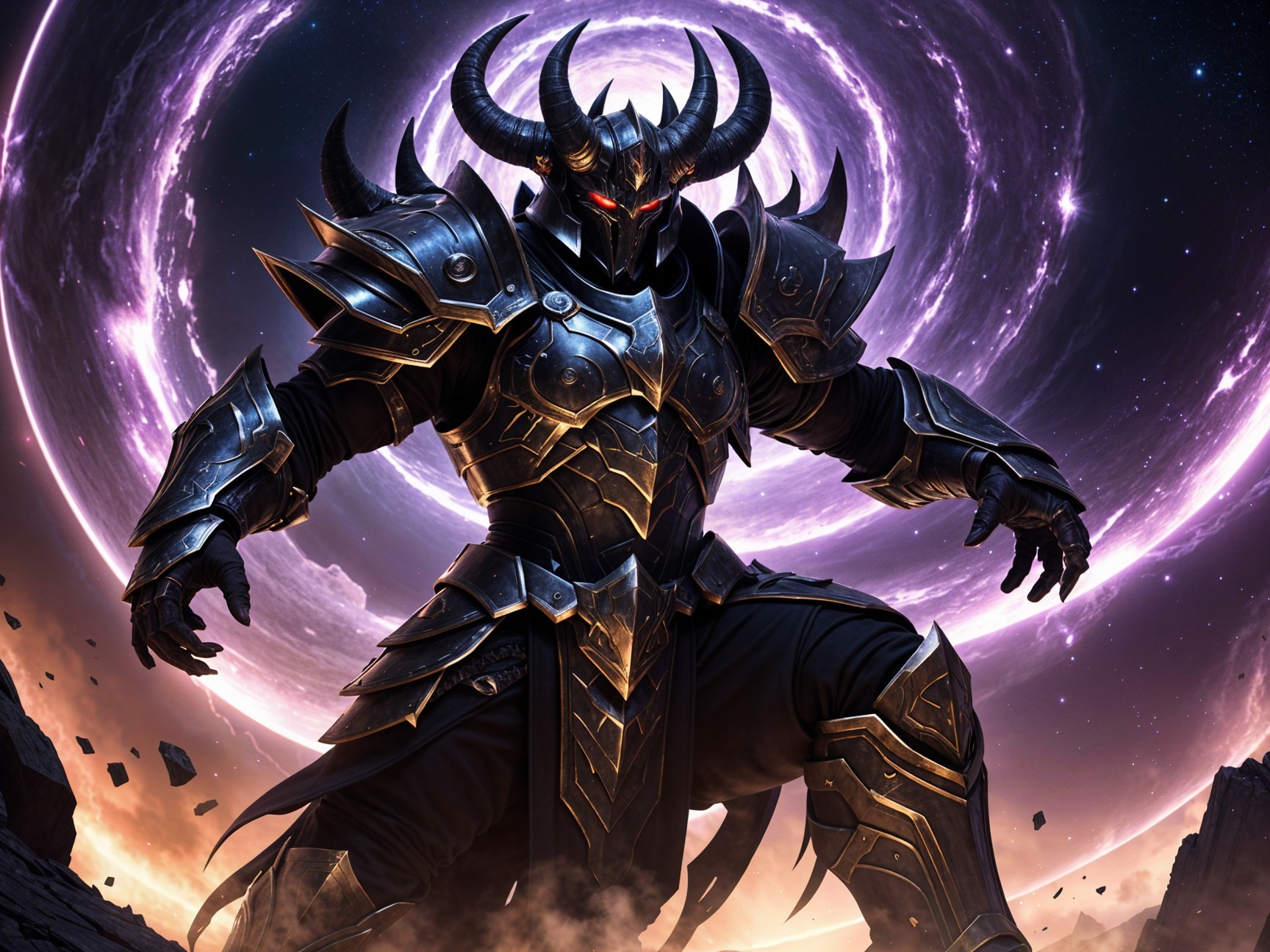 Dark Armored Figure with Cosmic Background and Red Eyes