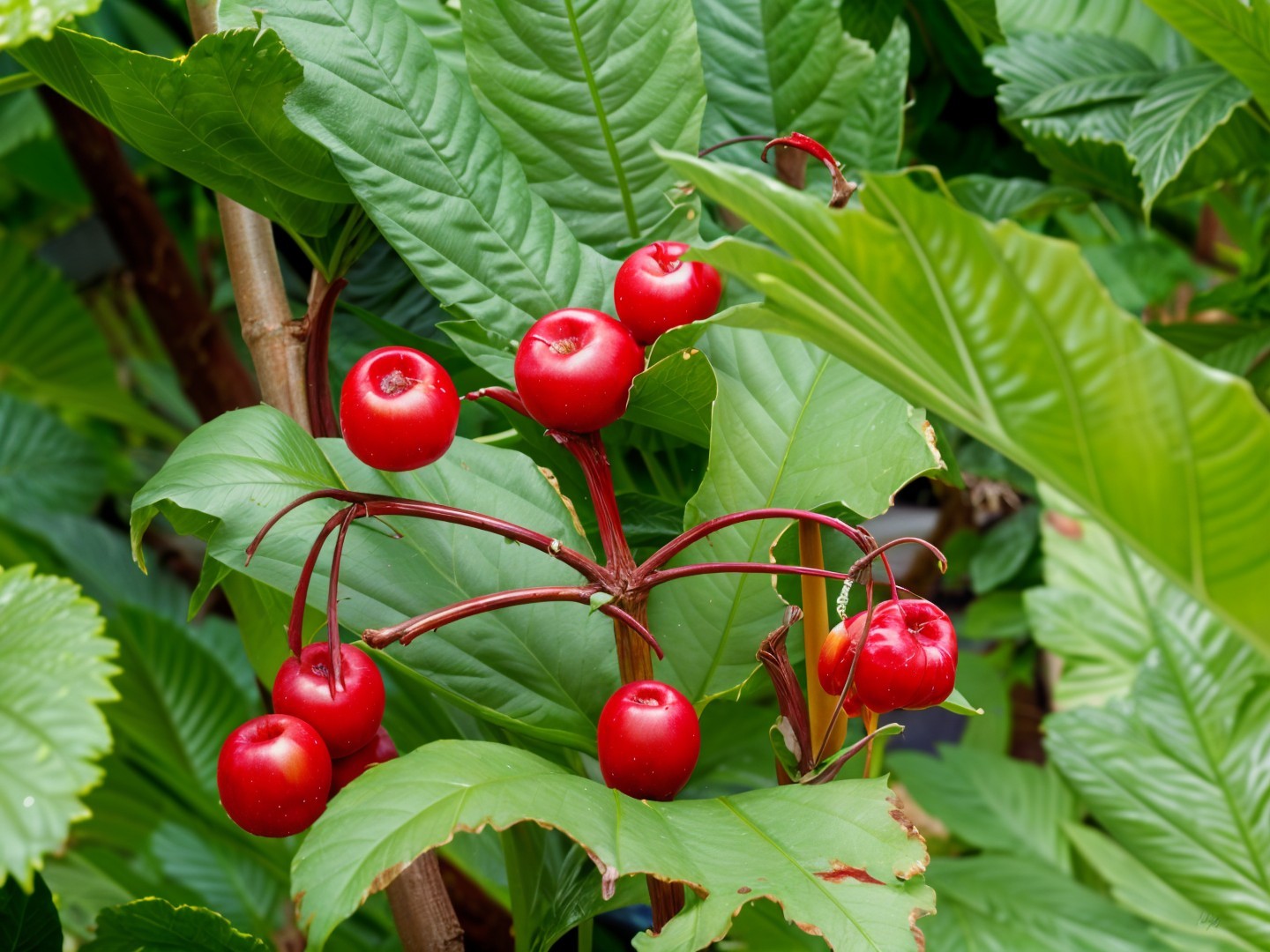 Bright Red Fruits Among Lush Green Foliage