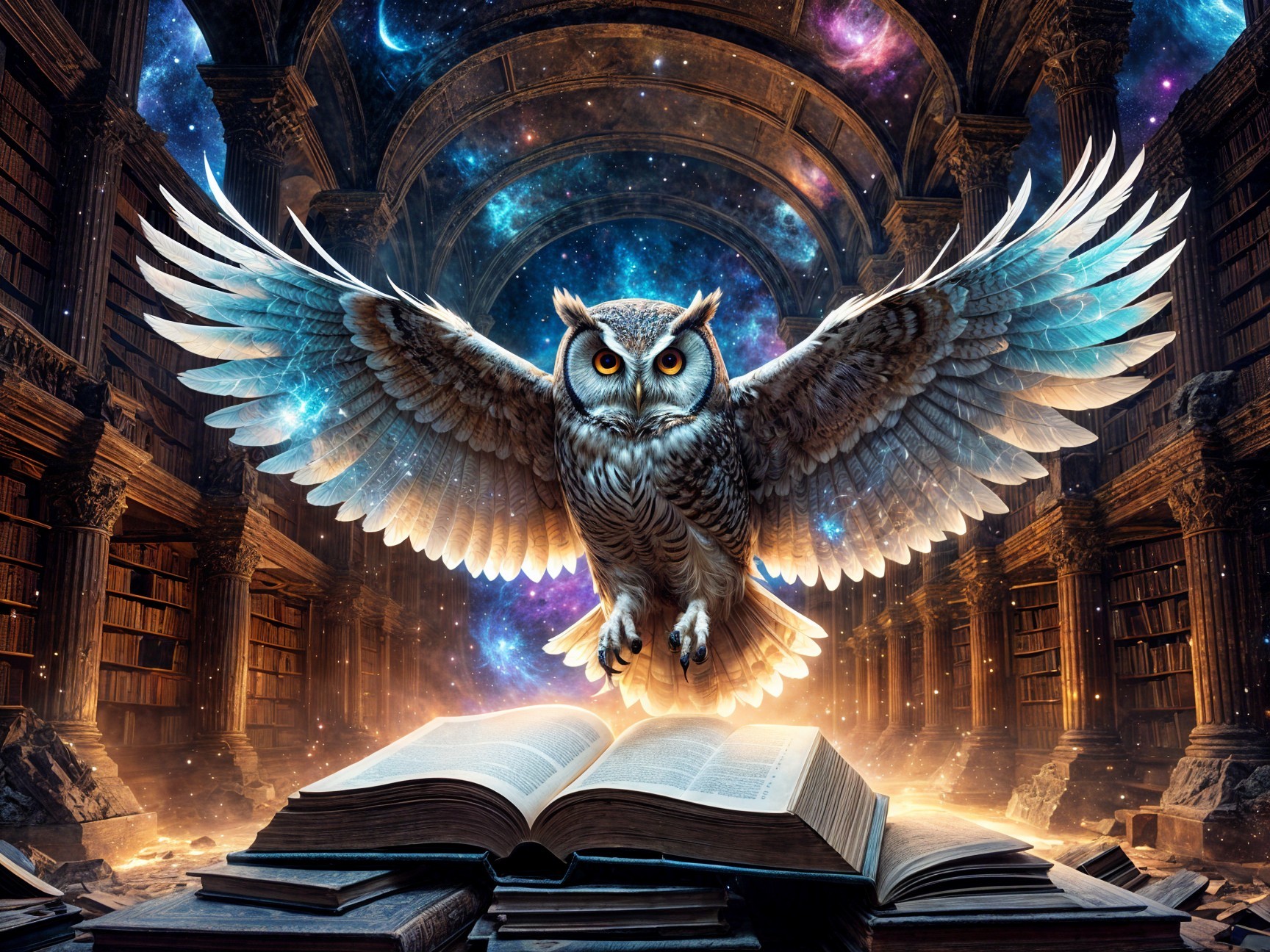 Mystical Library with Owl and Glowing Book Scene