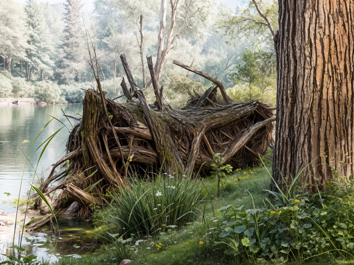 Serene Riverbank Scene with Lush Greenery and Log Structure
