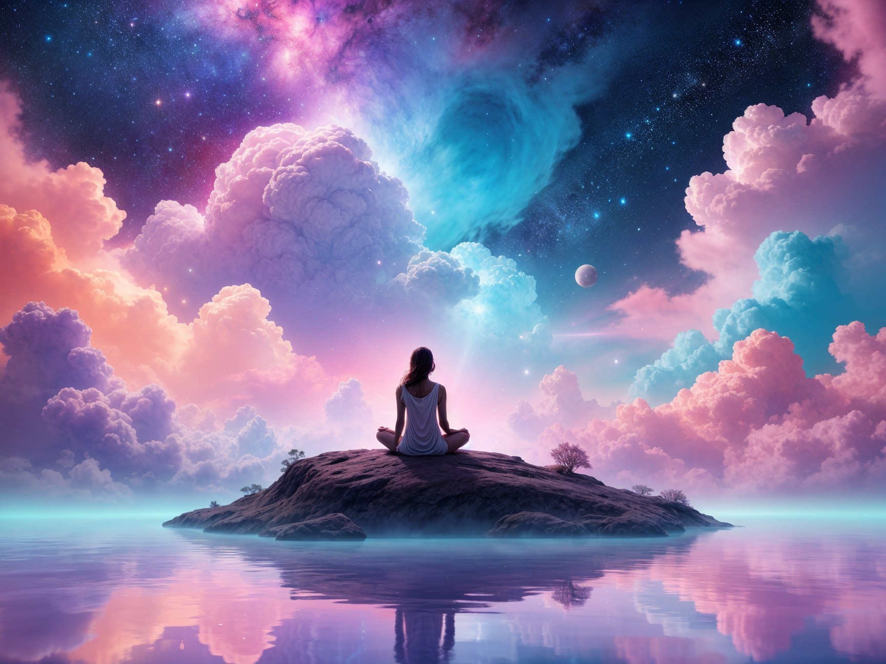 Serene figure on island with cosmic landscape above