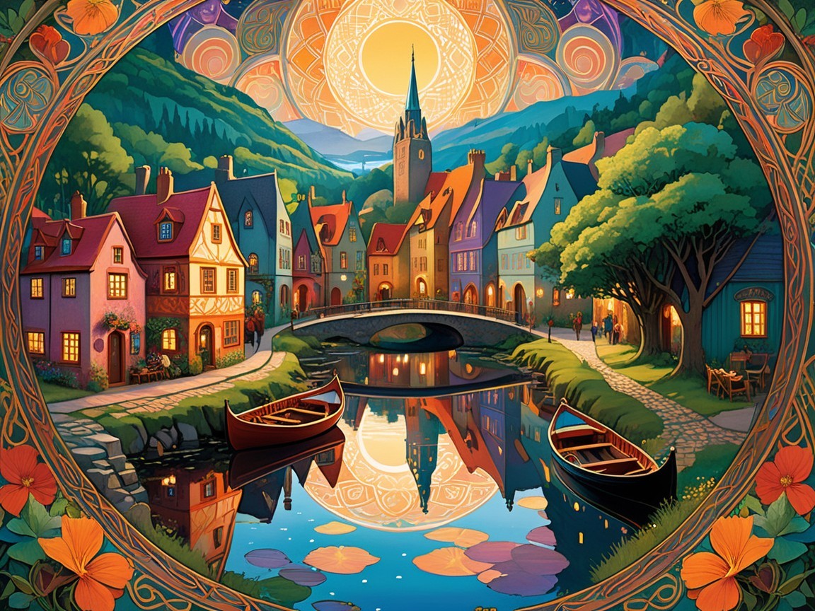 Picturesque Village Scene at Sunset with River and Houses