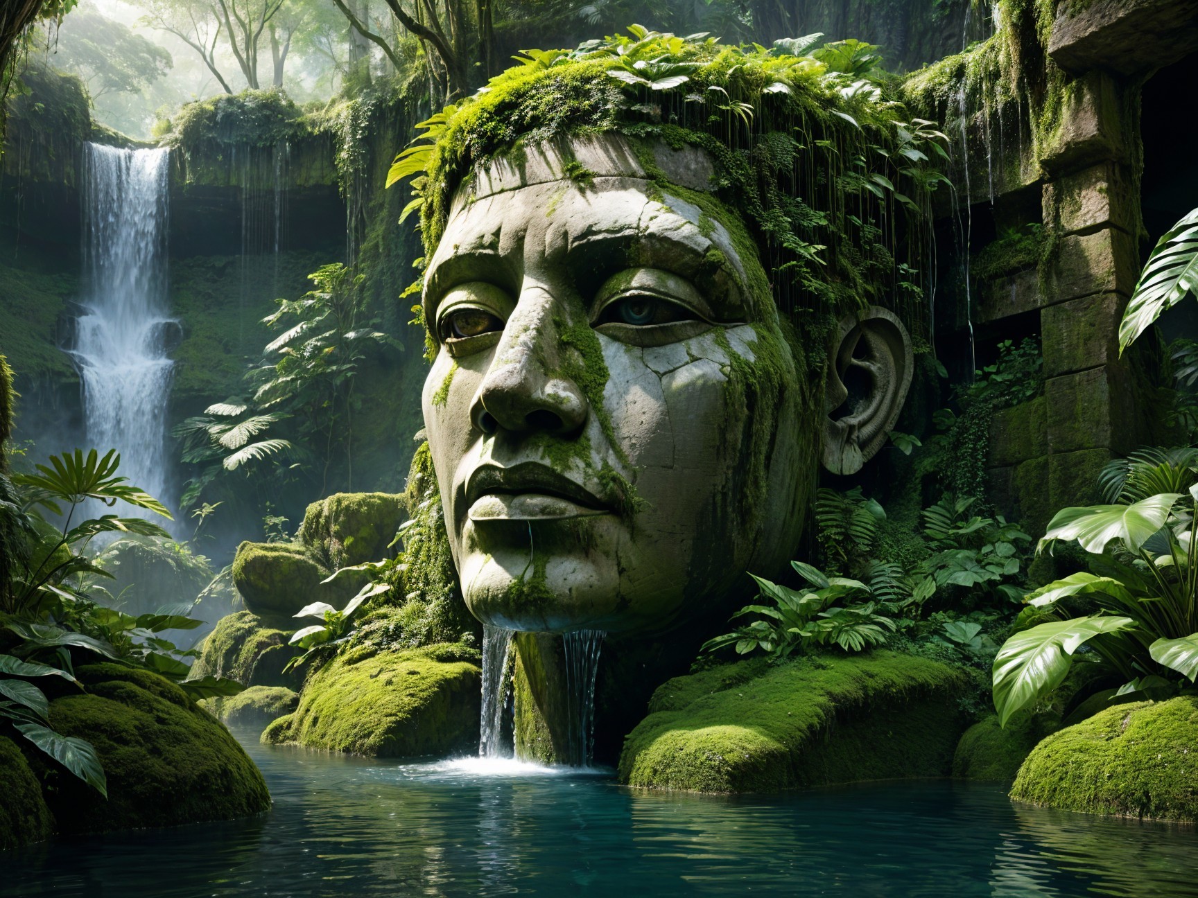Ancient Stone Head Surrounded by Lush Jungle Landscape