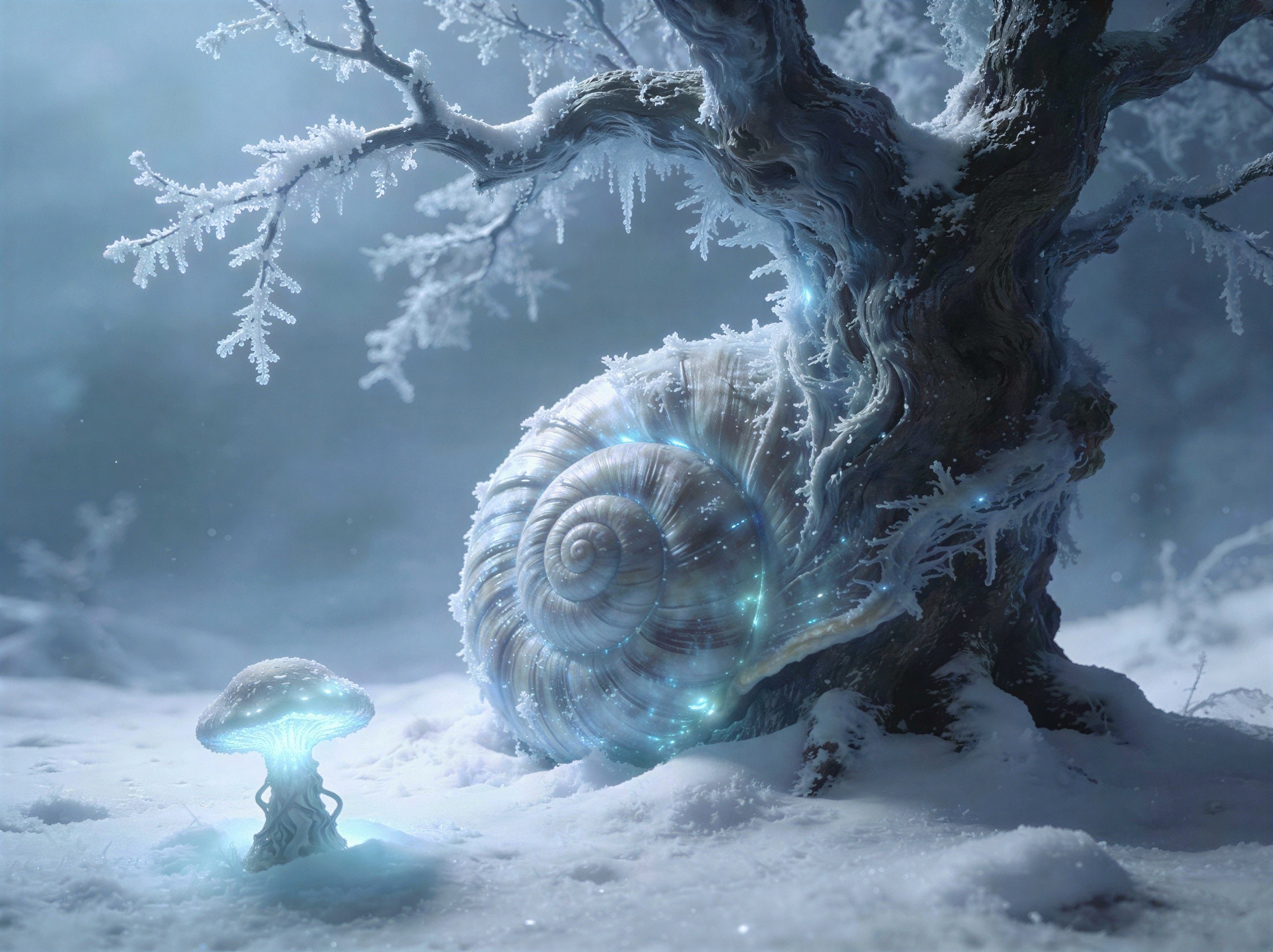 Fantasy Winter Scene with Bioluminescent Seashell