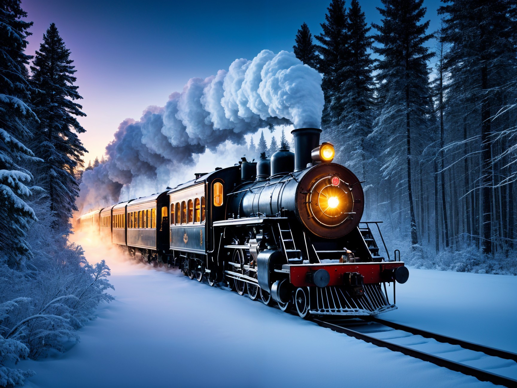 Vintage Steam Locomotive in Snowy Winter Landscape