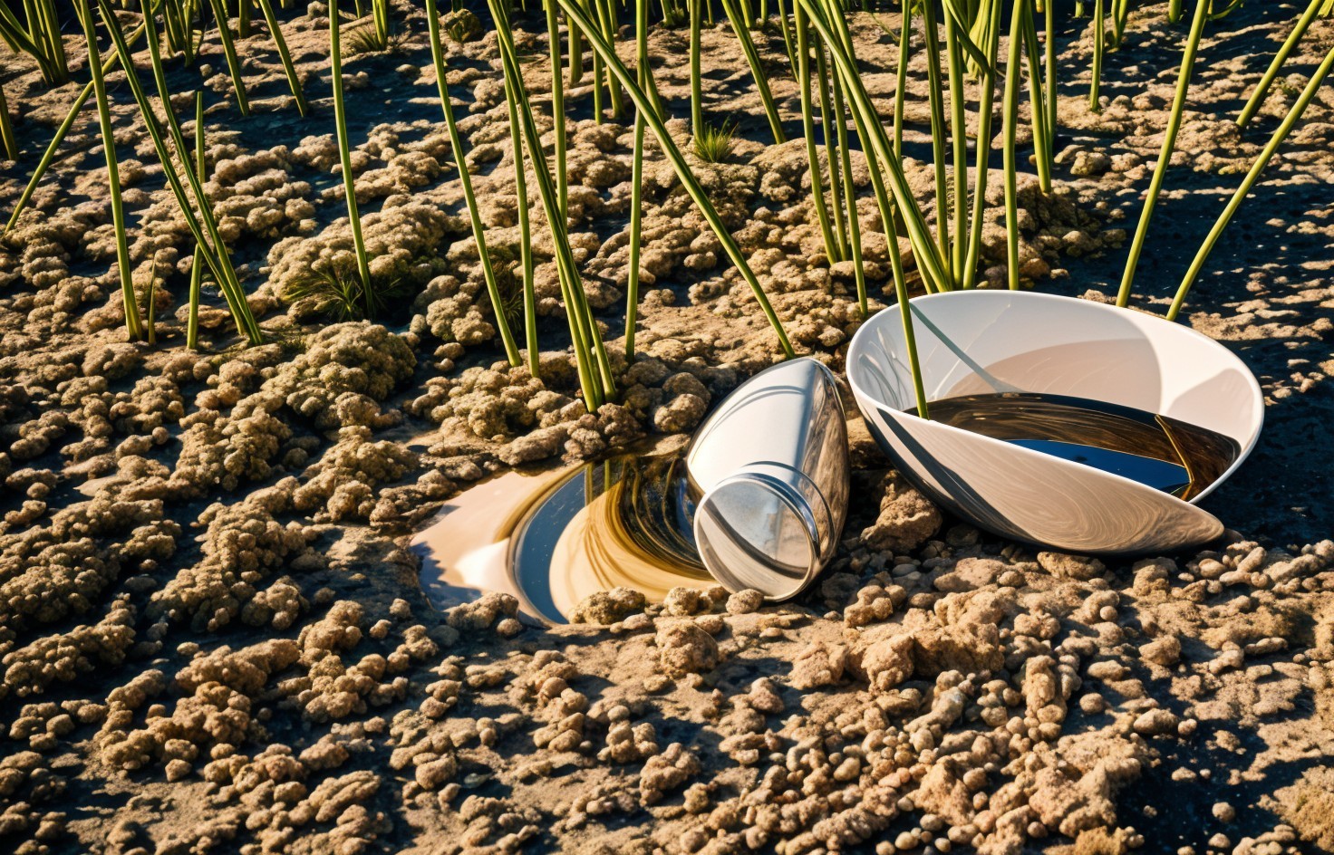 Ceramic Bowls on Sandy Surface with Grass Background
