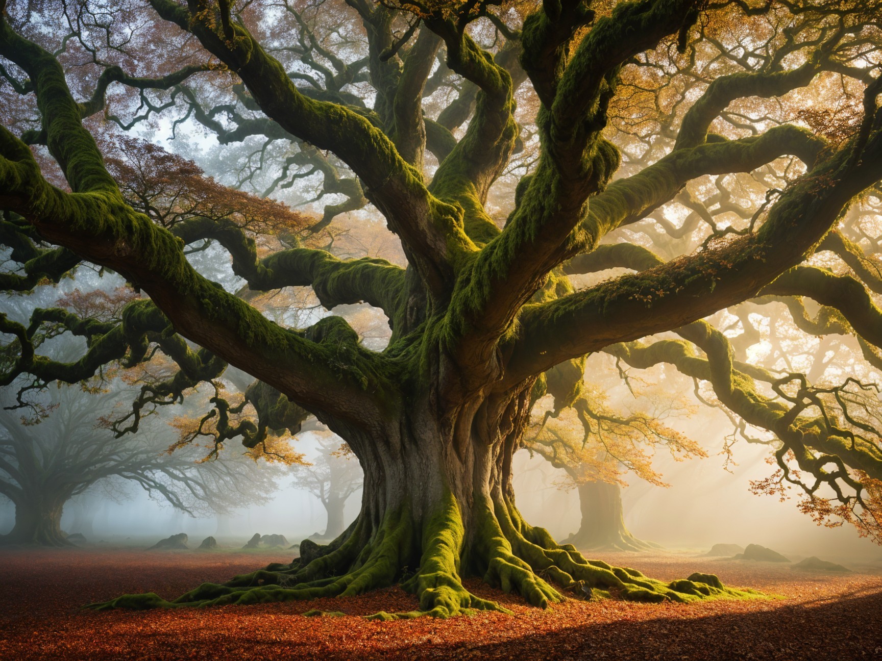 Majestic Tree in a Misty Forest Setting