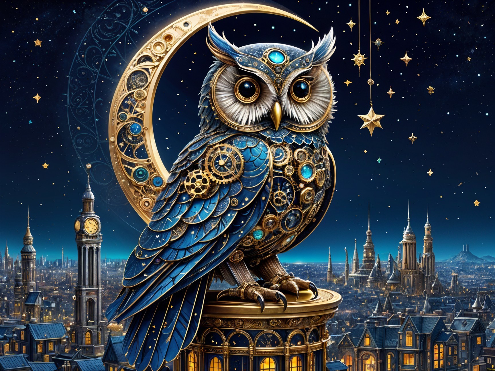 Steampunk Owl Overlooking Moonlit Cityscape
