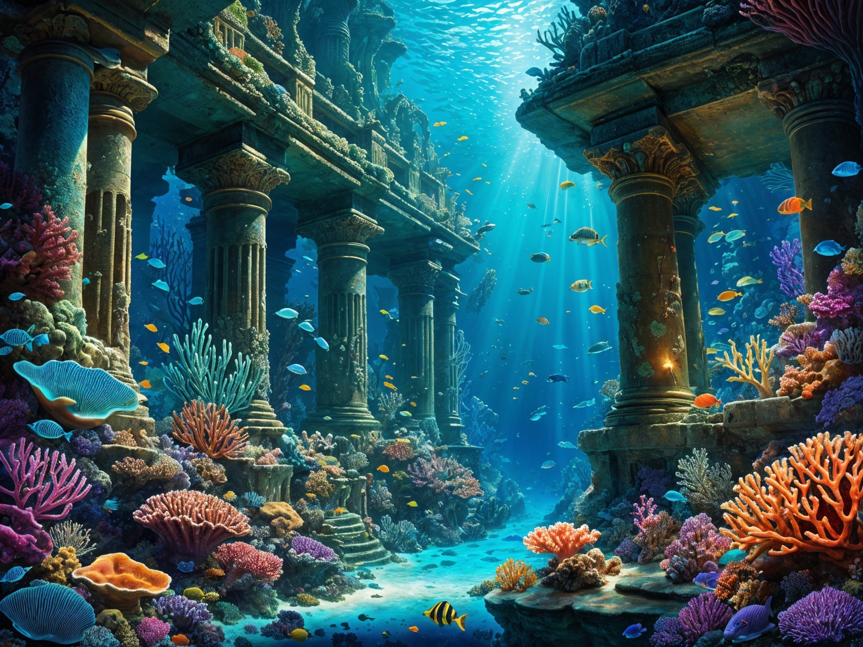 Underwater Ruins of an Ancient City with Coral Reefs