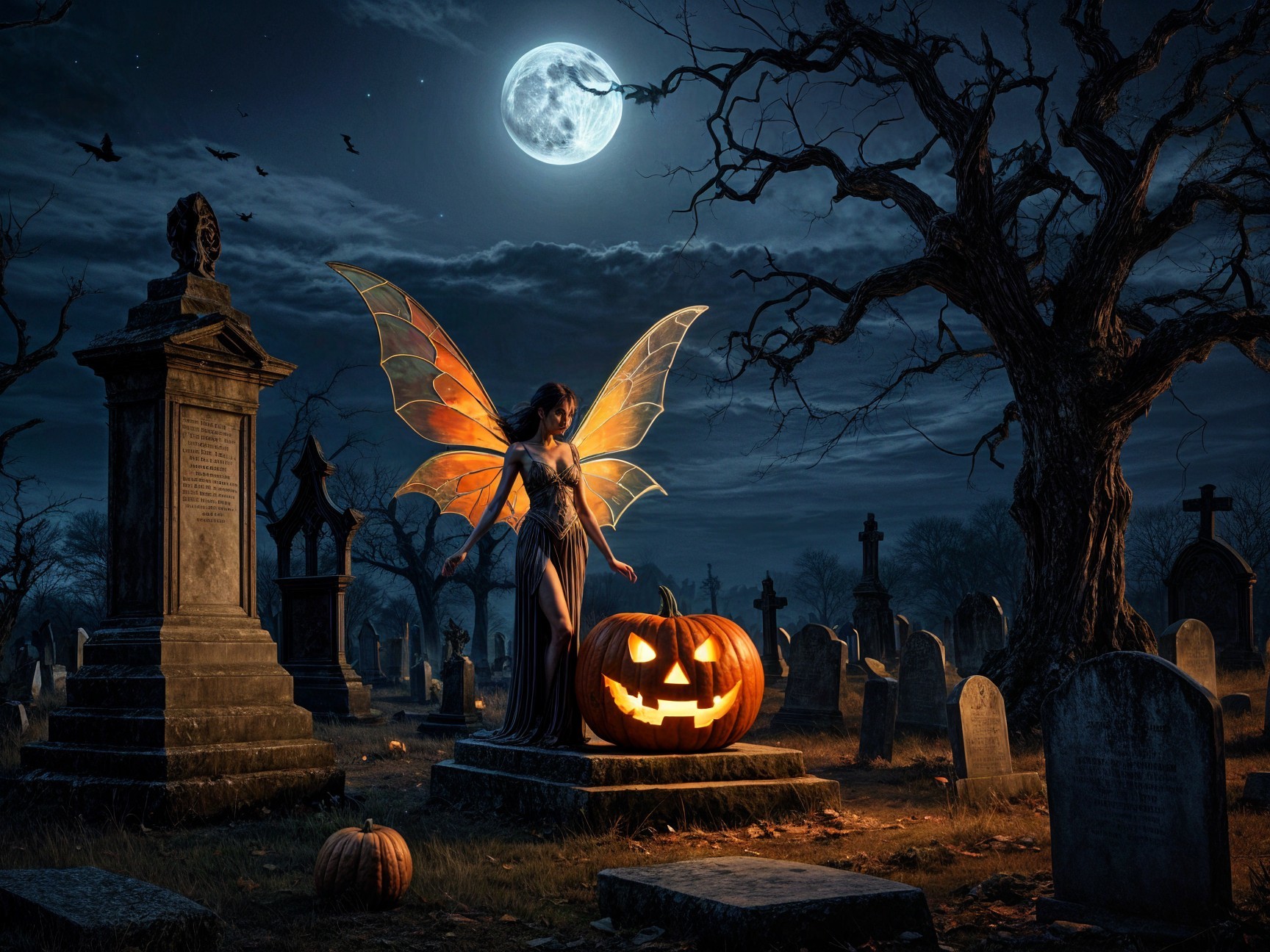 Mystical Fairy and Jack-o'-Lantern in Graveyard Scene