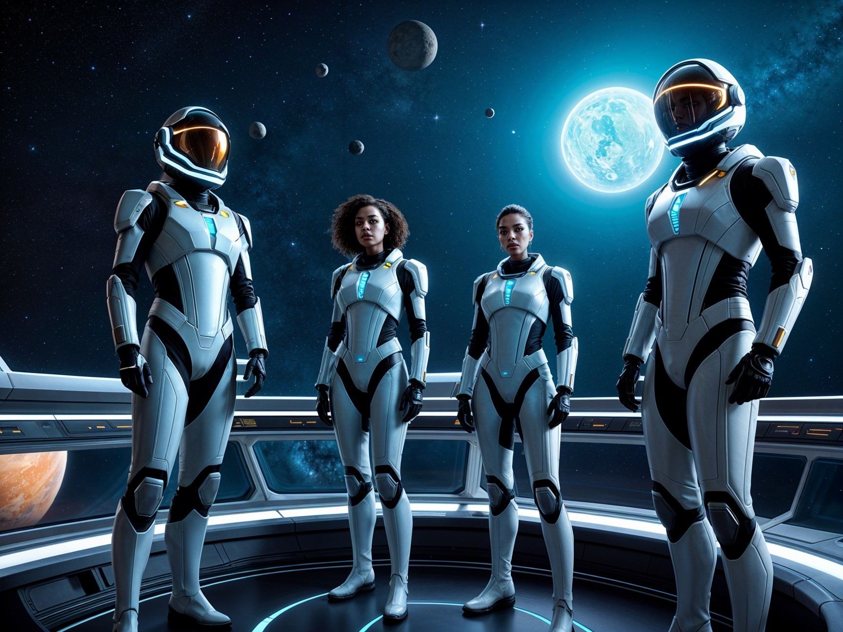 Astronauts in Space Suits on a Spacecraft Bridge