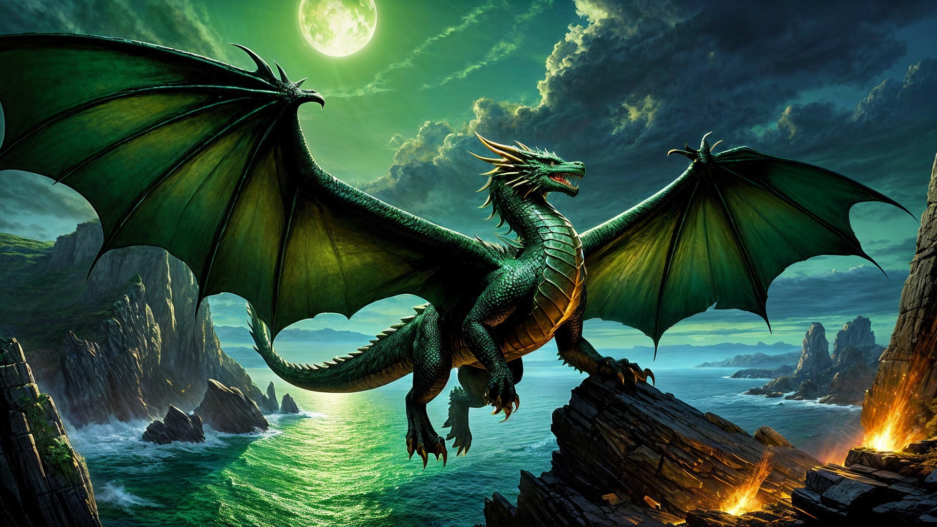 Majestic green dragon on rocky outcrop under moonlight