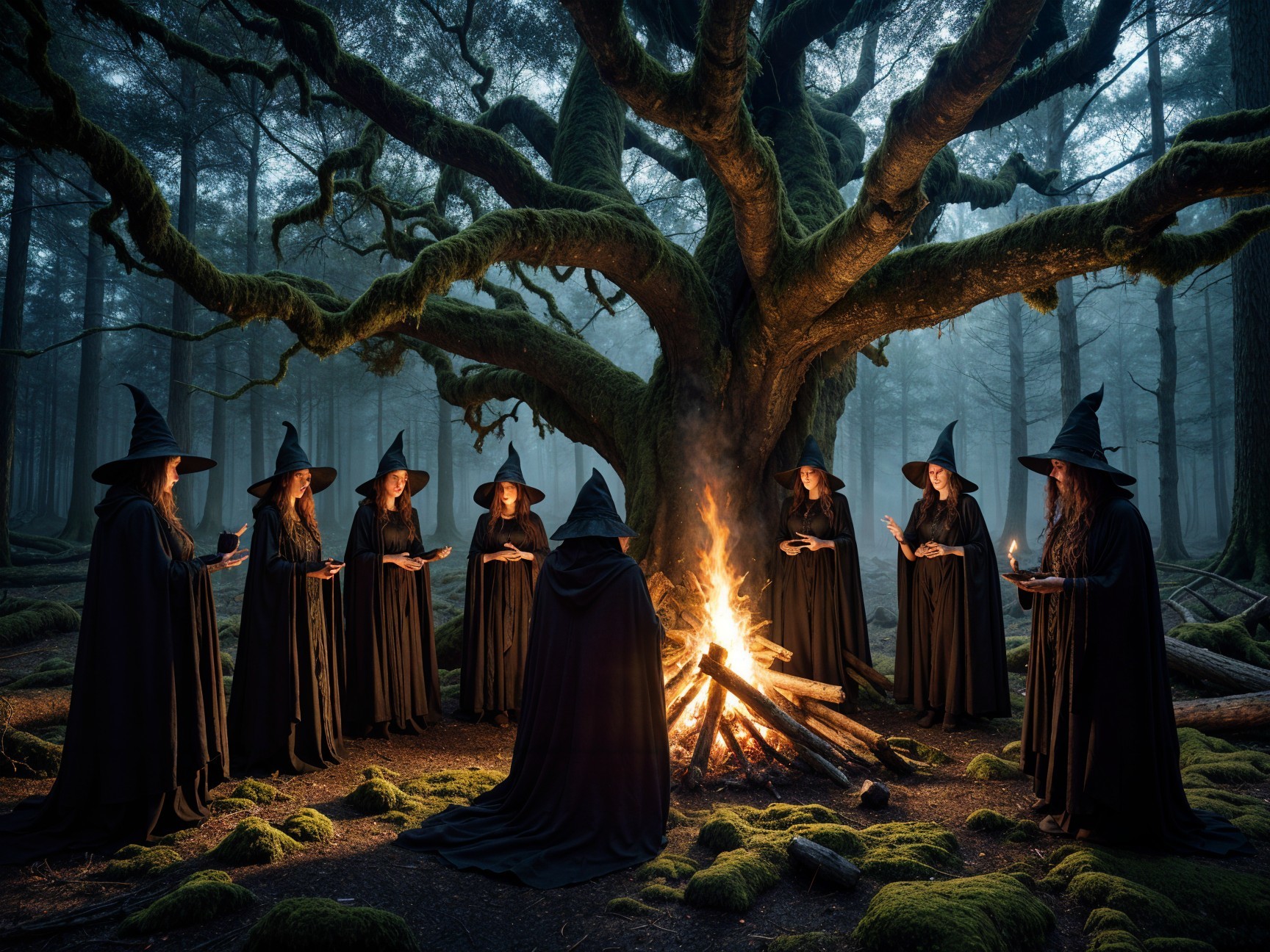 Cloaked Figures Engaged in Ritual in Misty Forest