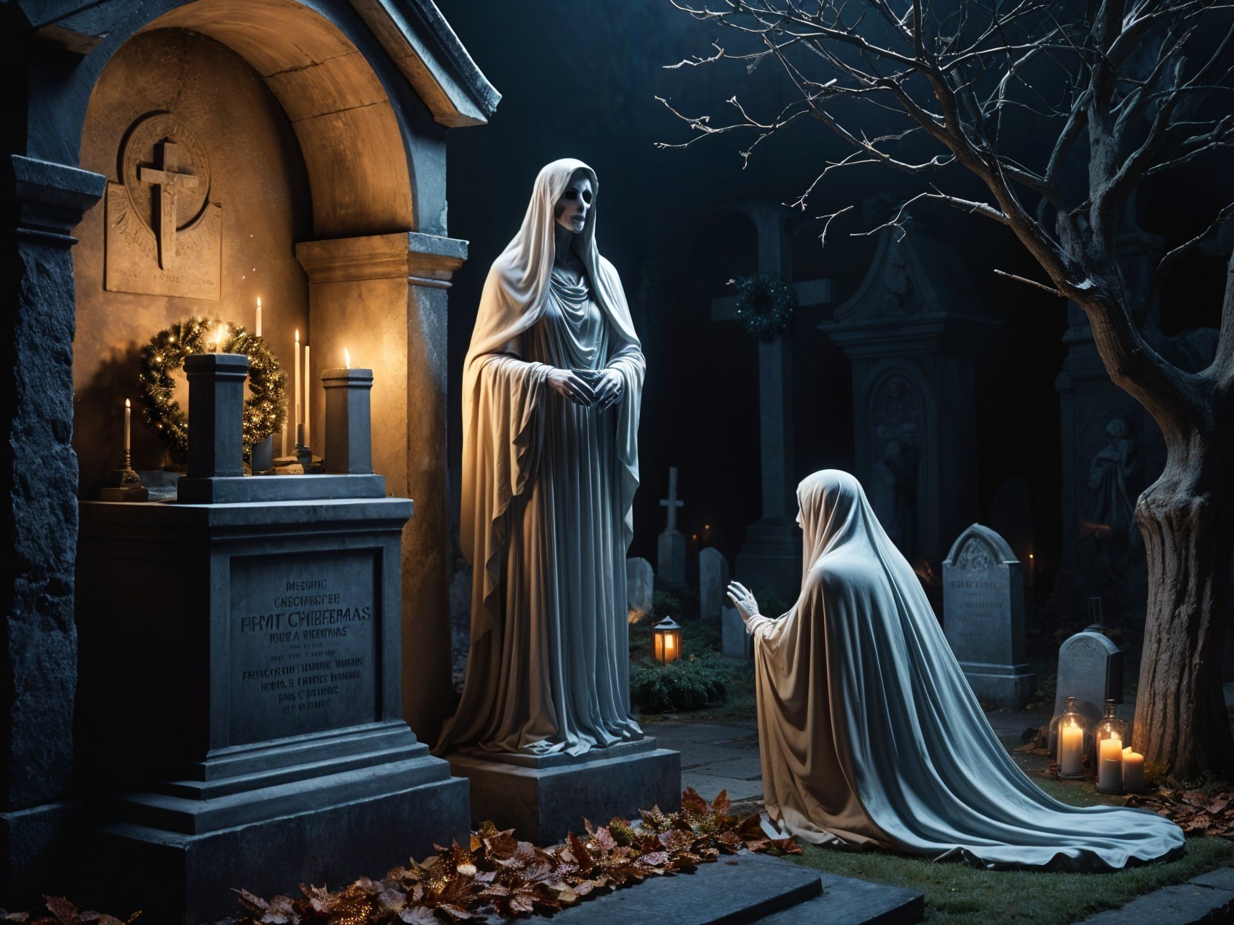 Eerie Cemetery Scene with Ghostly Figures and Candles