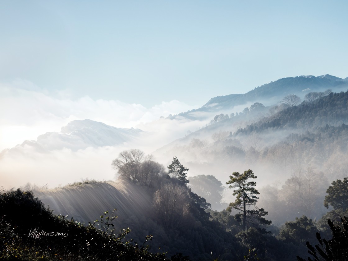 Serene Misty Mountain Landscape with Sunlit Trees