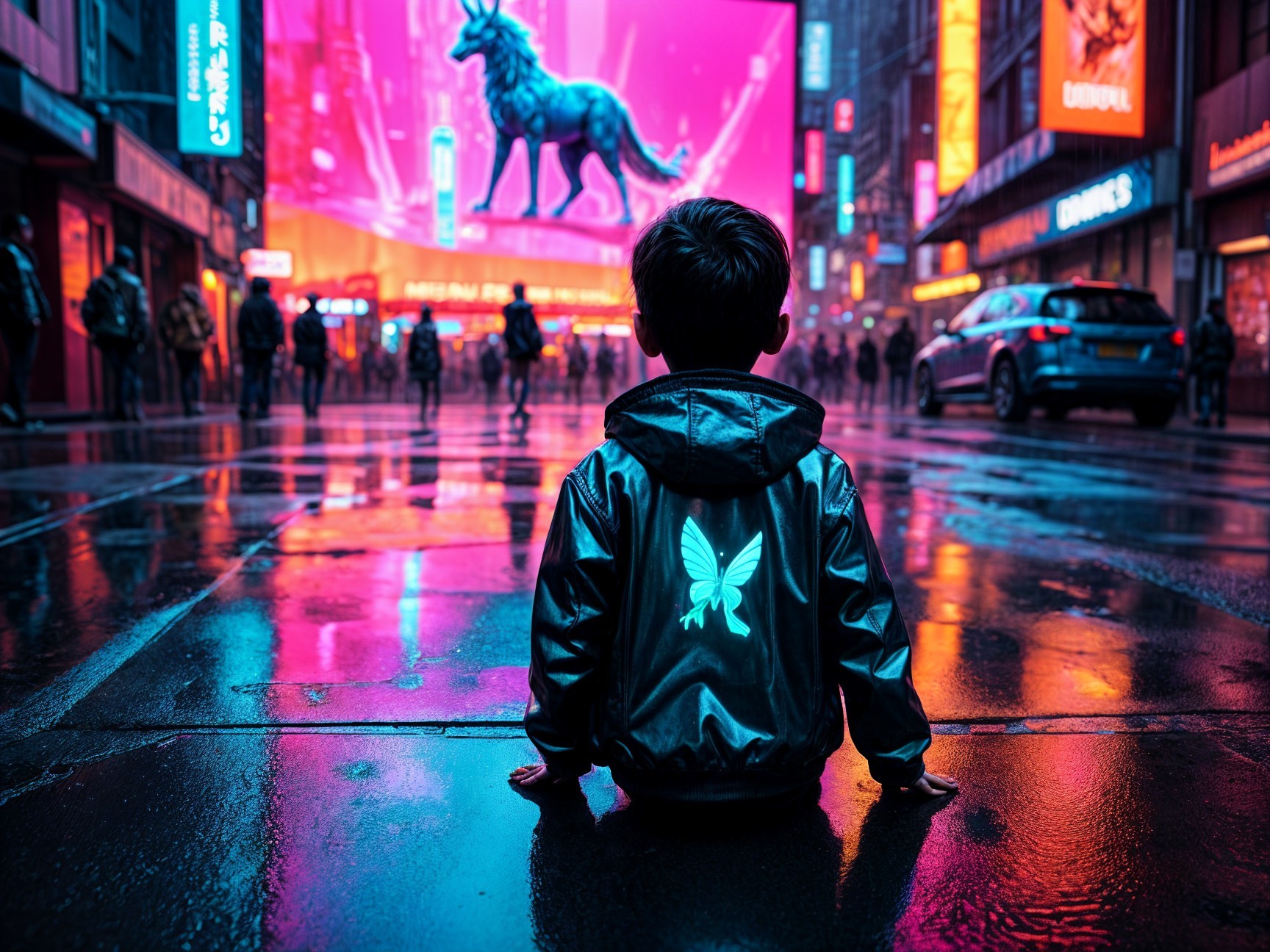 Child on Rain-Slicked Street with Illuminated Billboard