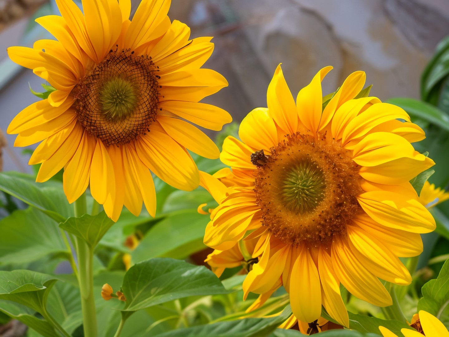 Vibrant Sunflowers with Bee and Green Leaves