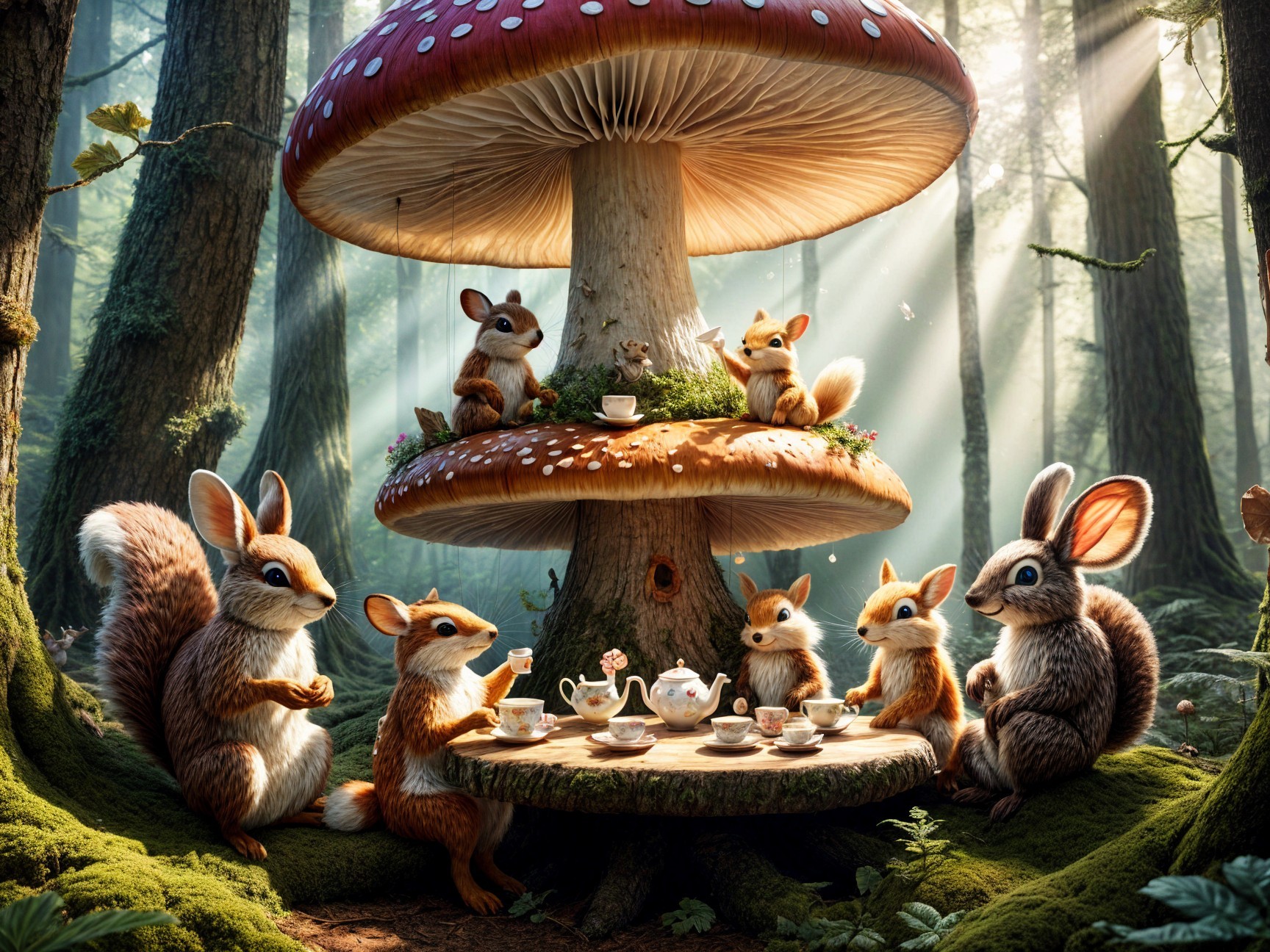 Woodland Creatures Tea Party at Mushroom Table