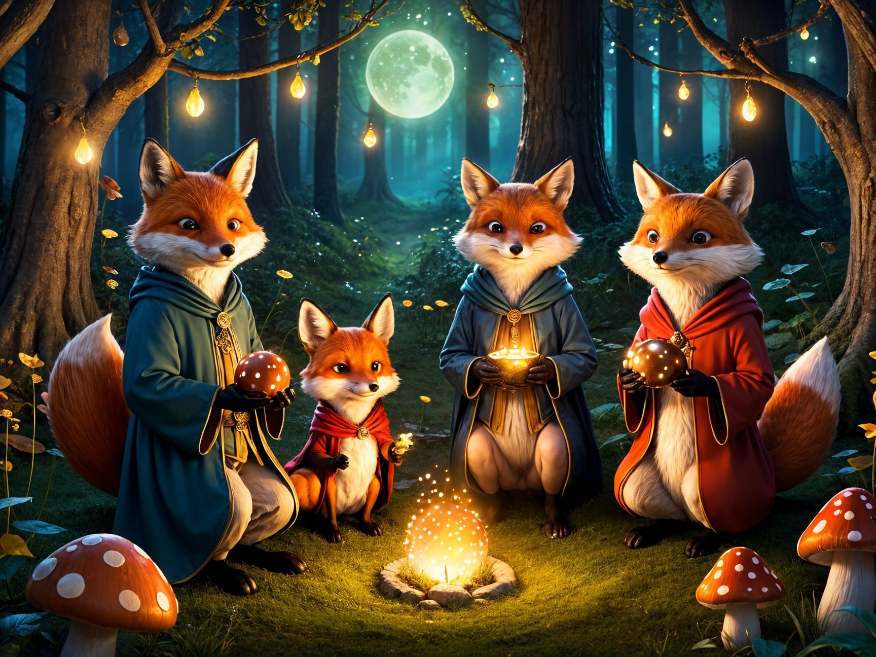 Mystical forest scene with foxes and glowing campfire