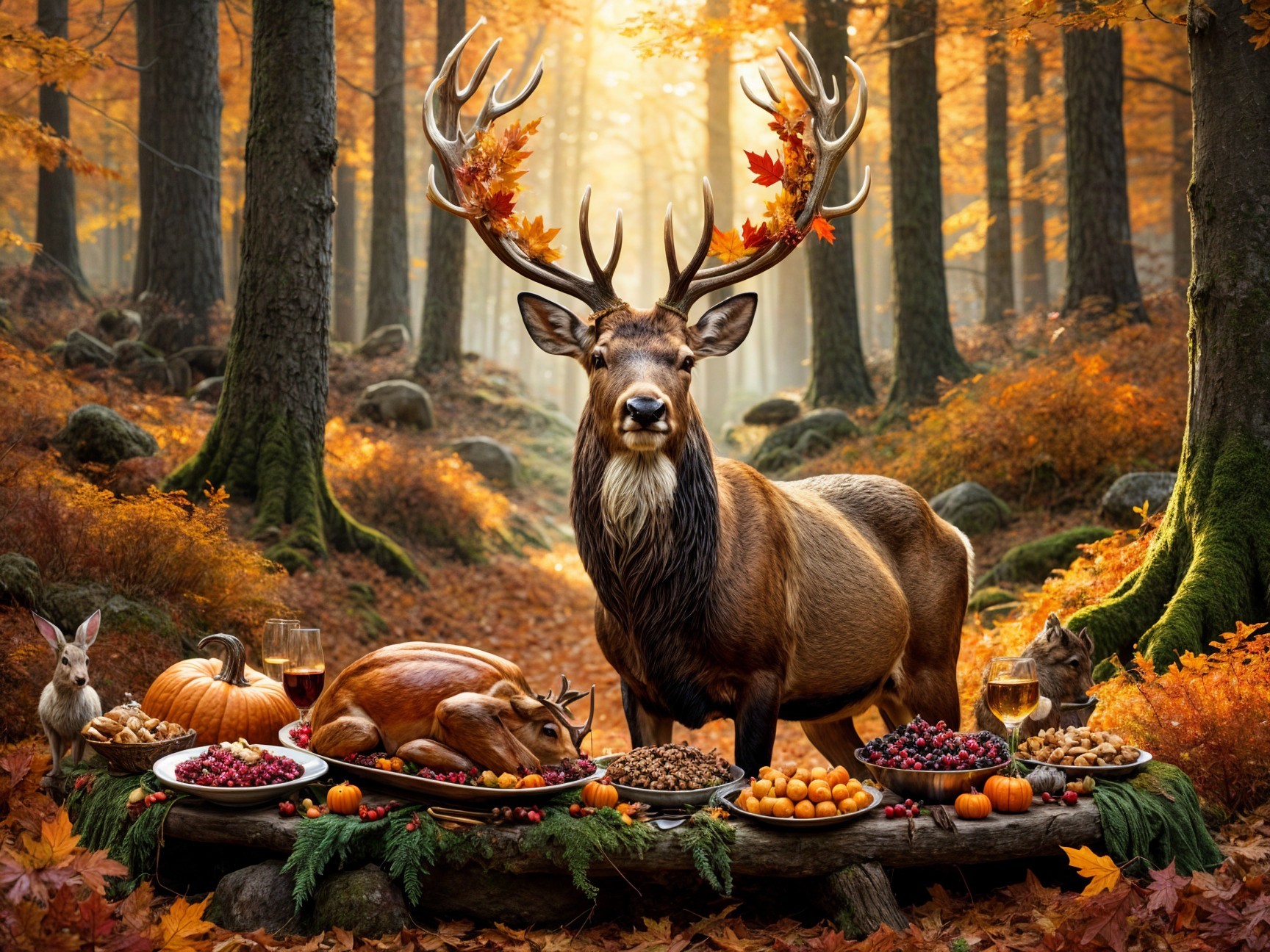 Autumn Forest Scene with Stag and Abundant Feast