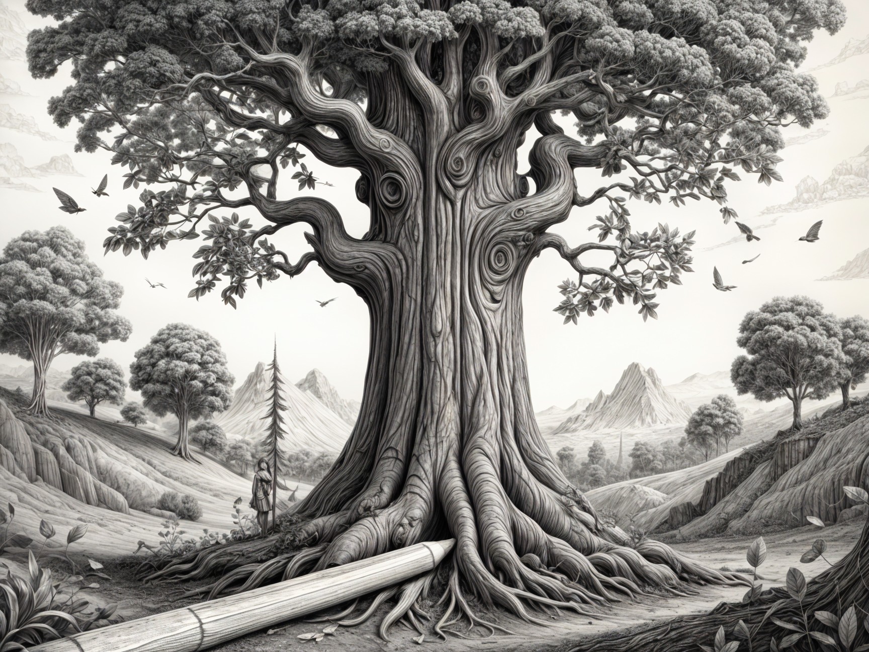 Colossal Tree in Mountainous Landscape with Foliage