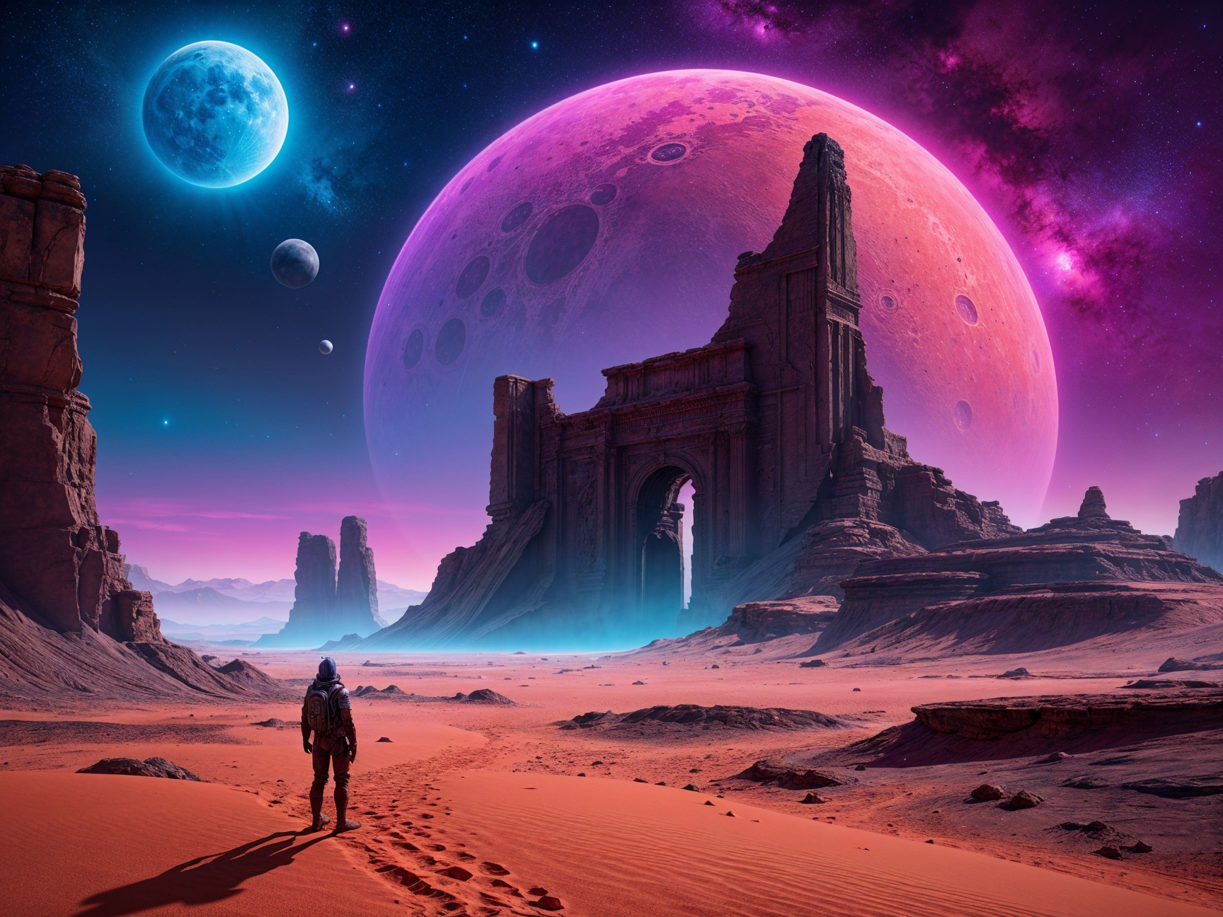 Lone Figure in a Vibrant Alien Desert Landscape