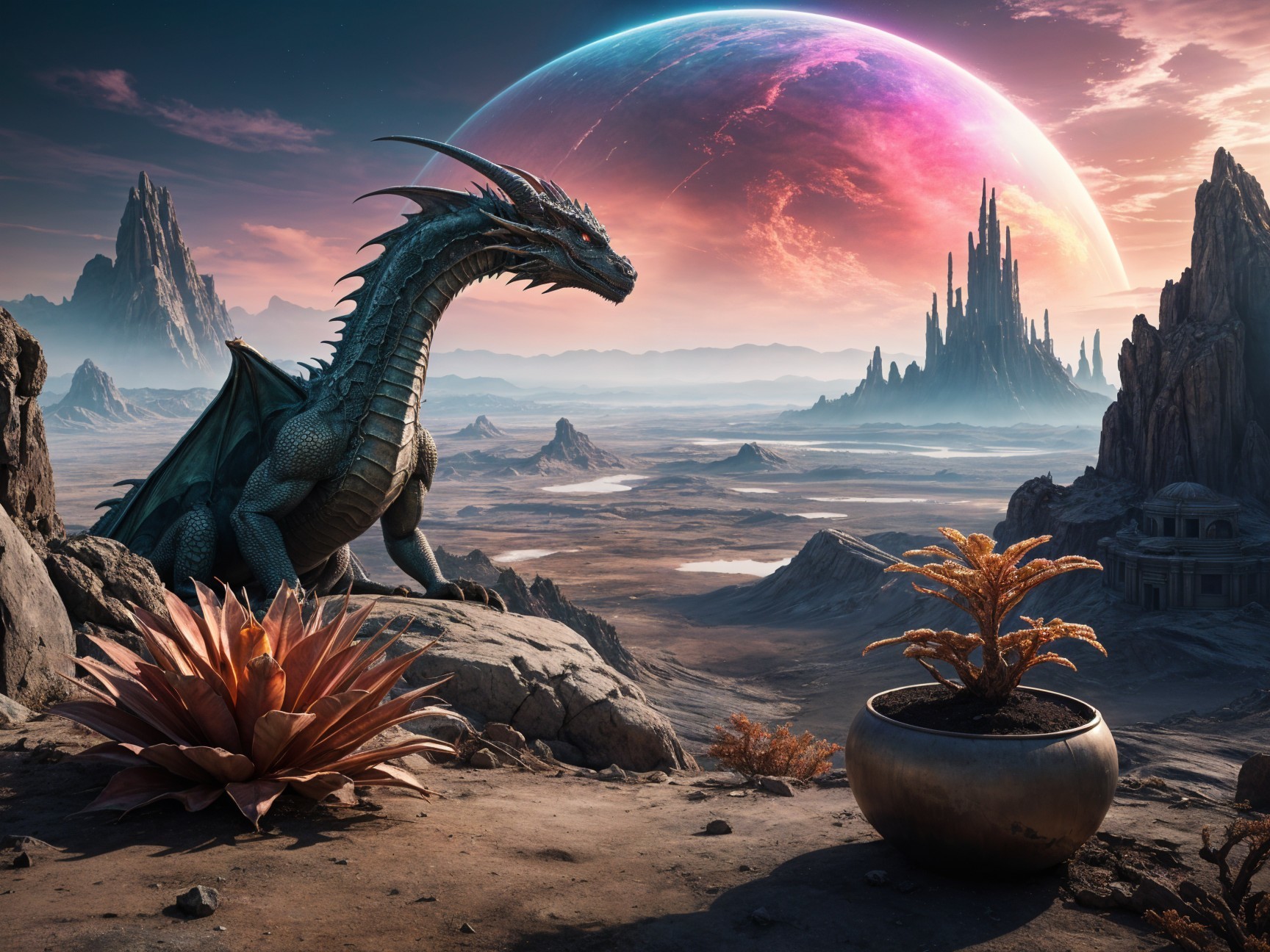 Majestic dragon on rocky outcrop in alien landscape