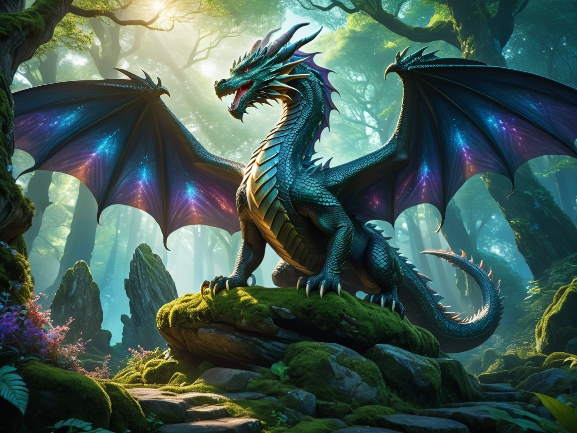 Majestic dragon in a mystical forest setting