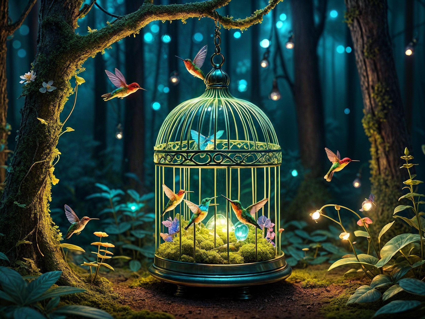 Whimsical Scene of a Mystical Forest with Hummingbirds