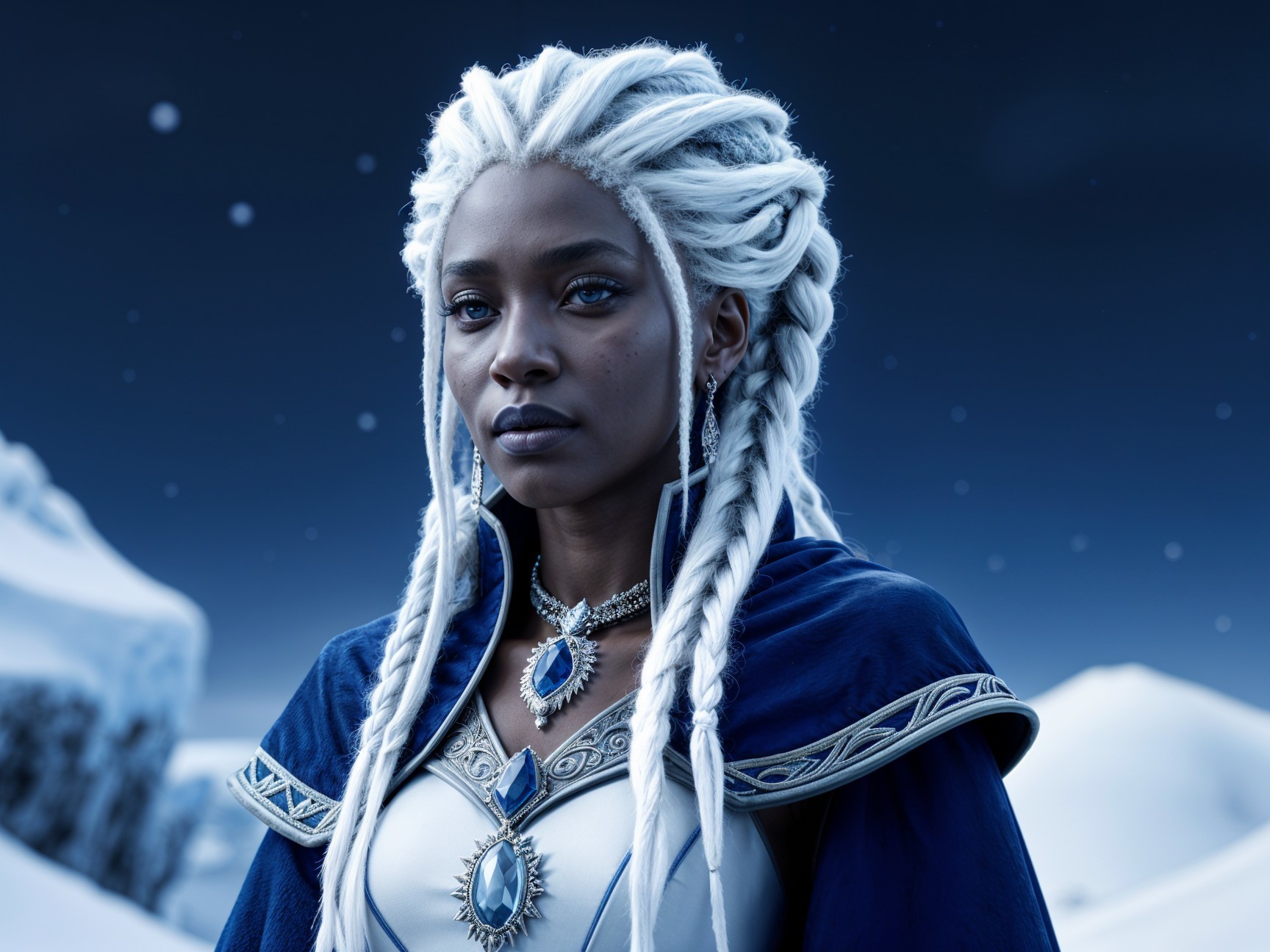 Regal figure in snowy landscape with blue cape and braid