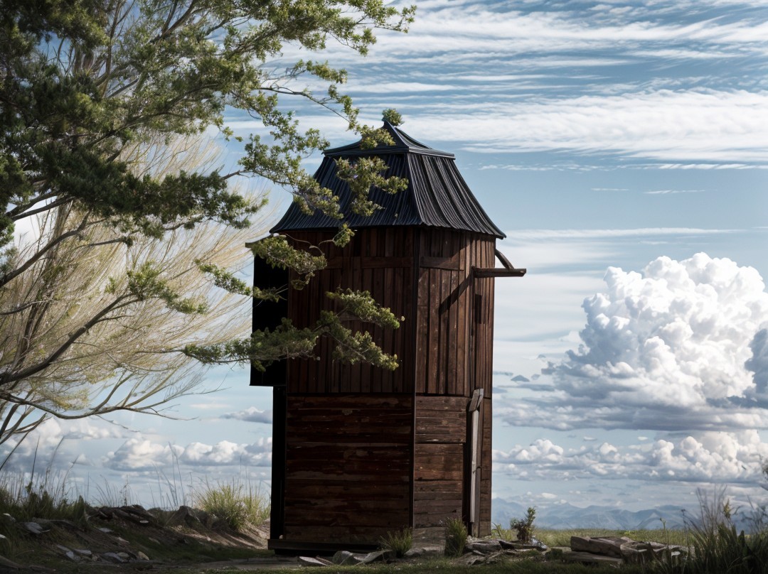 Wooden Structure Against Blue Sky and Fluffy Clouds