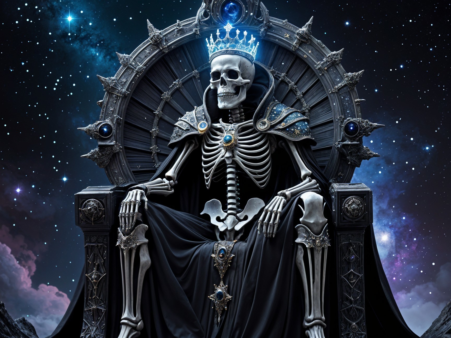Regal Skeleton Throne in Cosmic Background