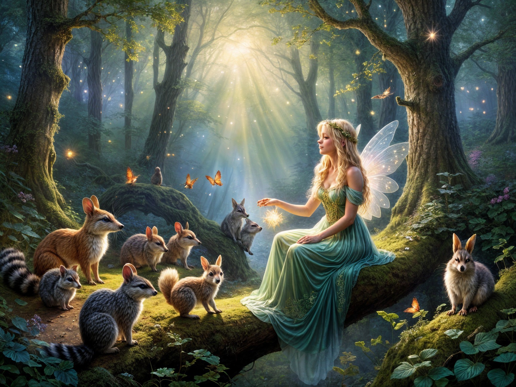 Fairy in a Magical Forest Surrounded by Animals