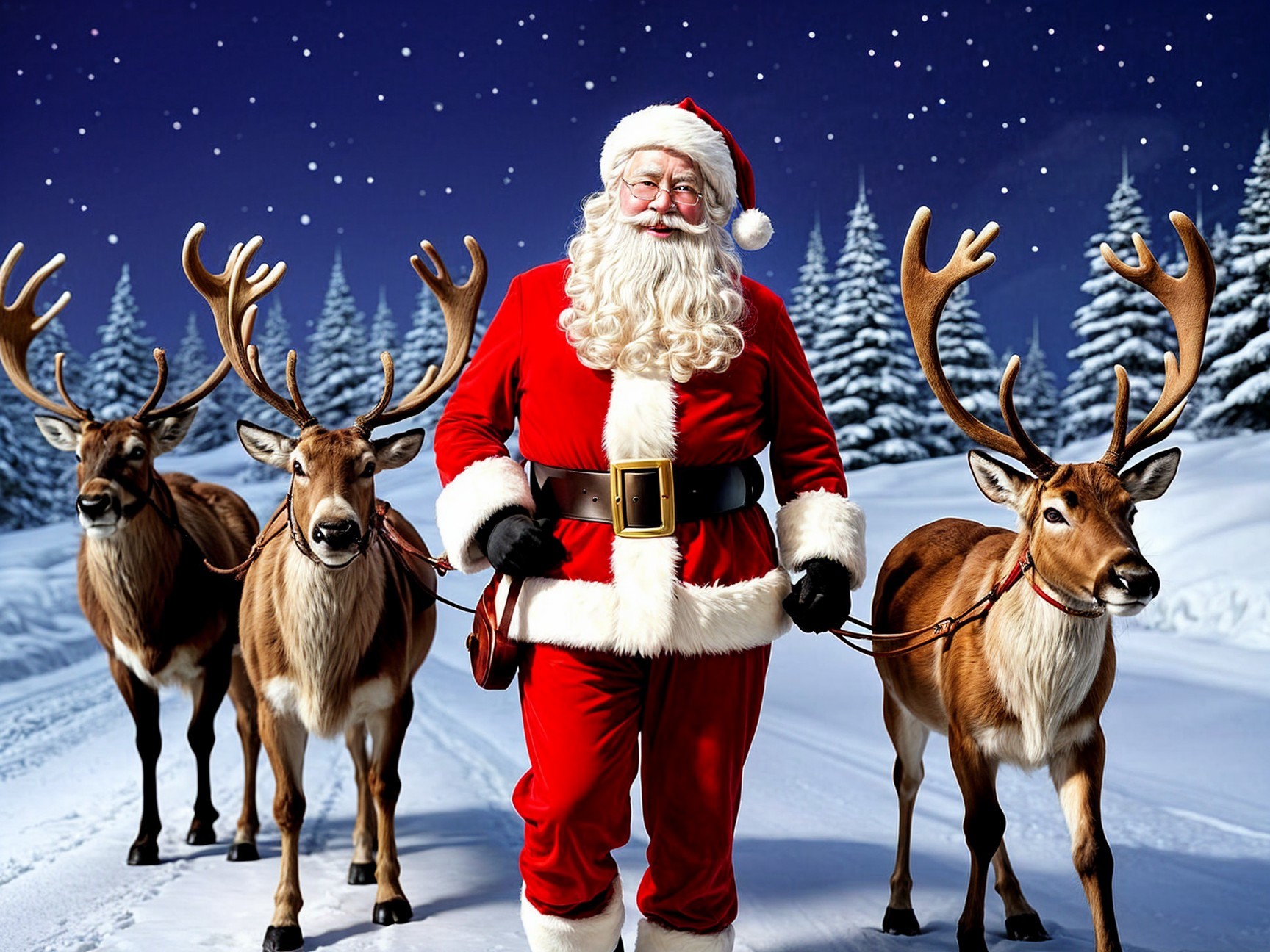 Santa Claus in a snowy landscape with reindeer