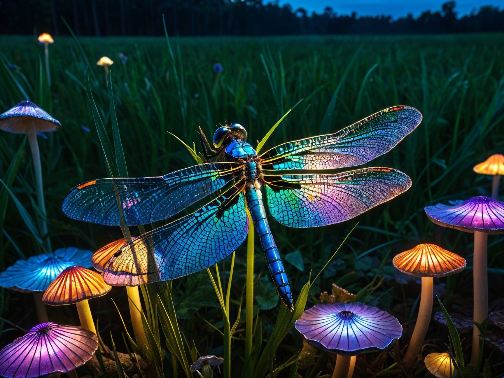 Dragonfly on Glowing Mushrooms in Twilight Field