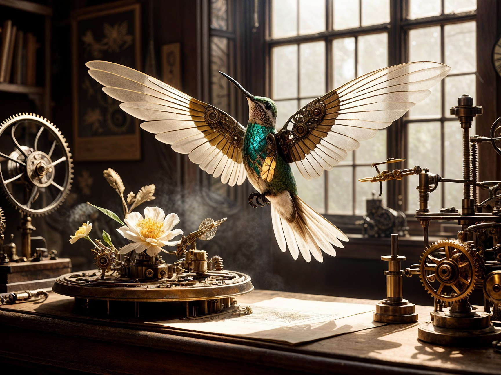 Steampunk Hummingbird with Metallic Wings and Gears