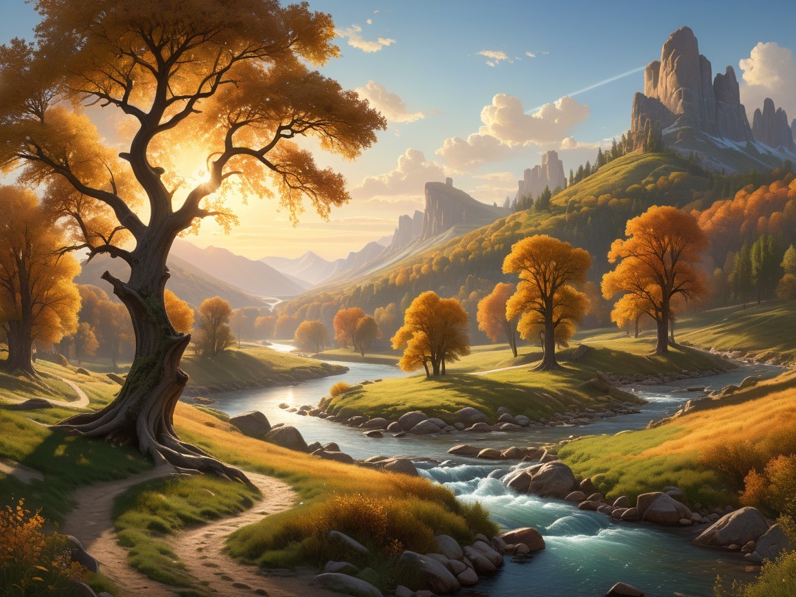 Serene Landscape with Winding River and Autumn Foliage