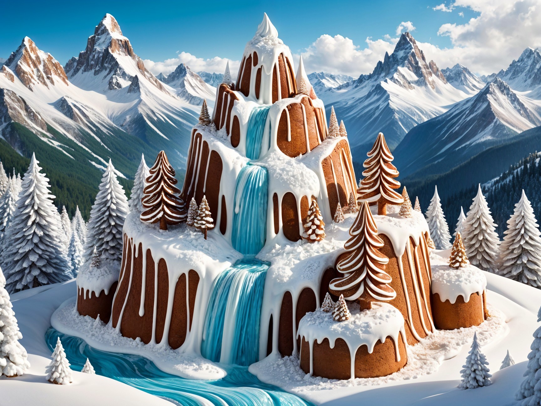 Gingerbread Mountain Landscape with Icing Waterfalls