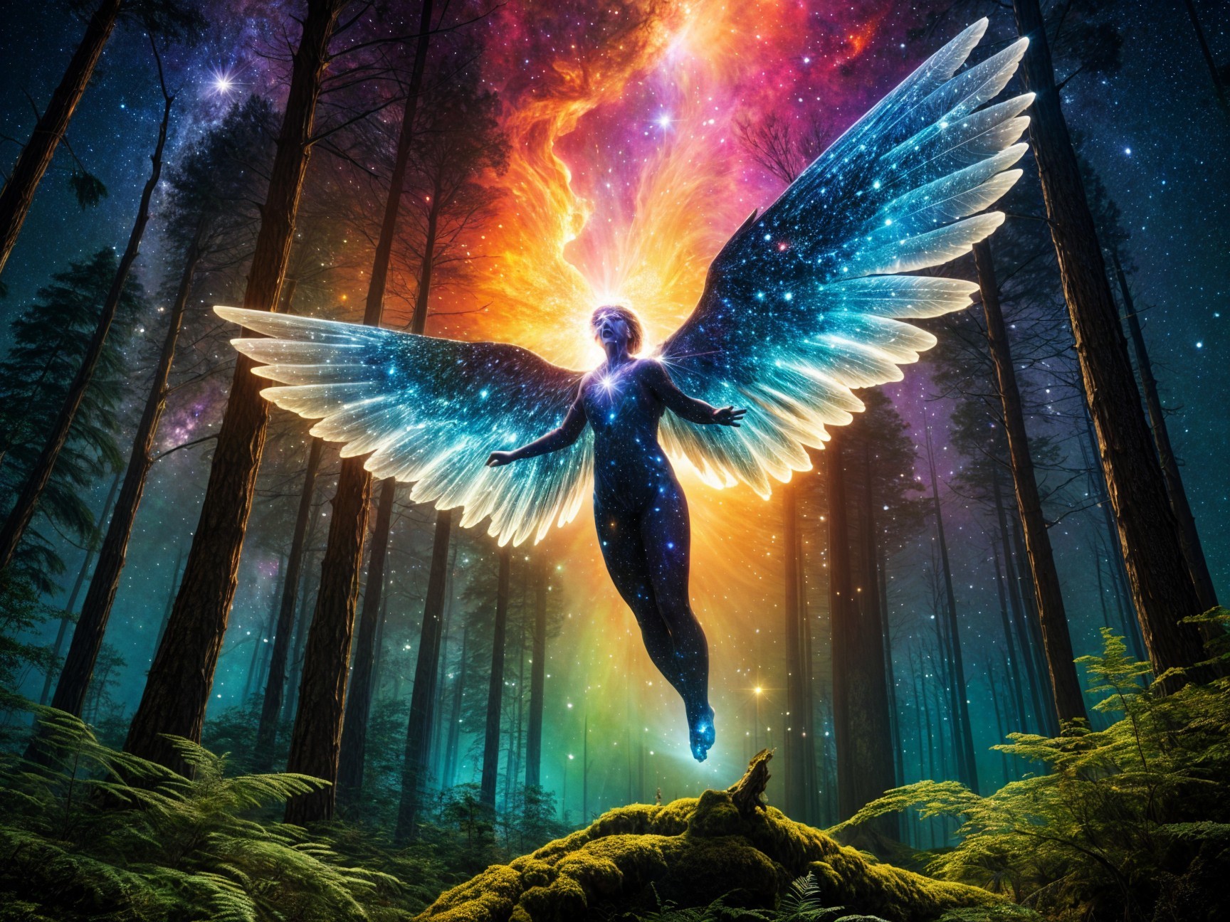 Celestial Figure with Wings in Mystical Forest Scene