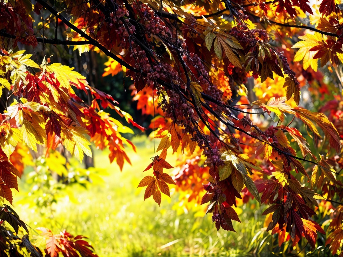 Autumn Leaves in Vibrant Colors Against Green Lawn