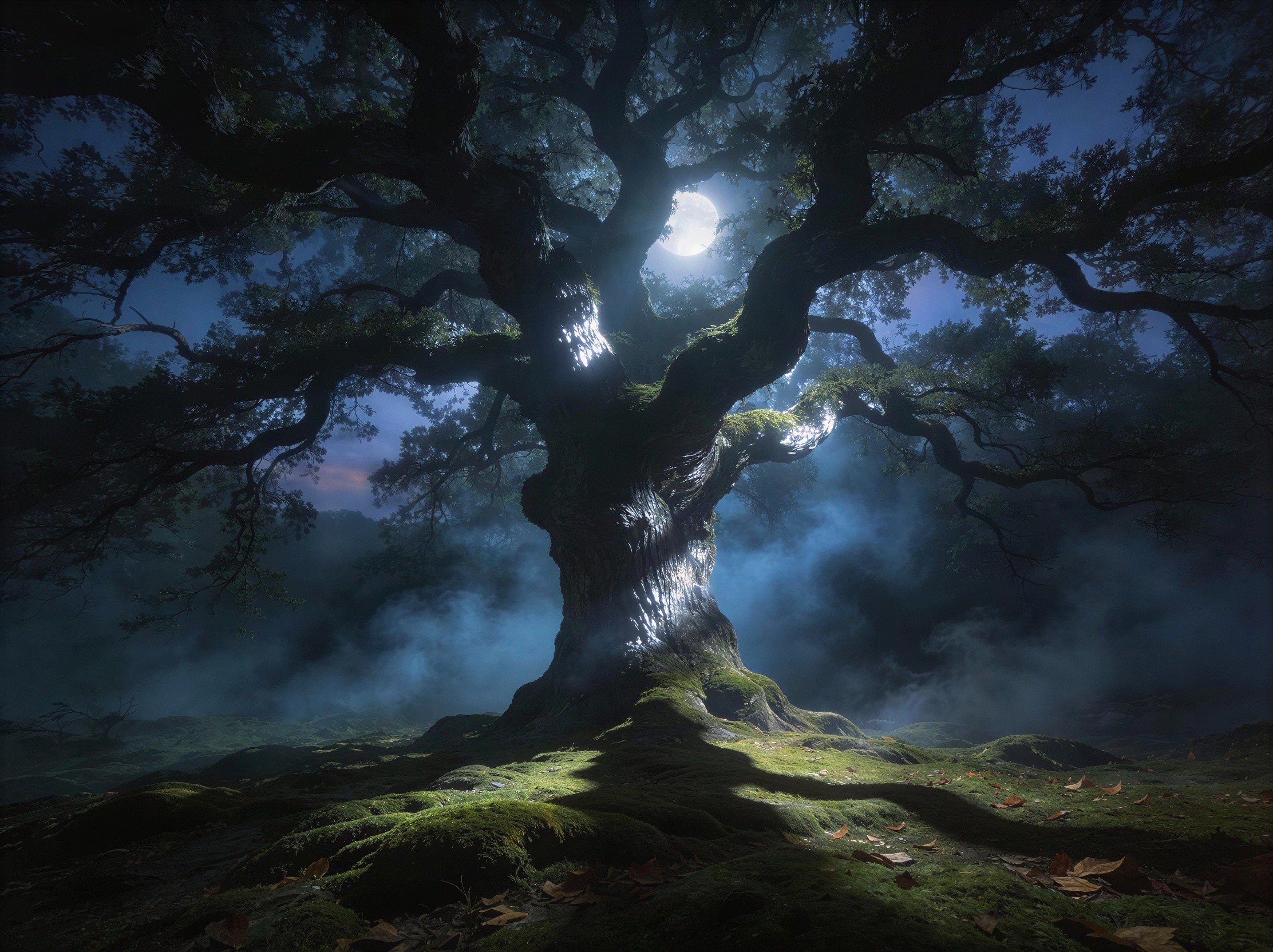 Ancient Oak Tree Under Moonlight with Ethereal Fog