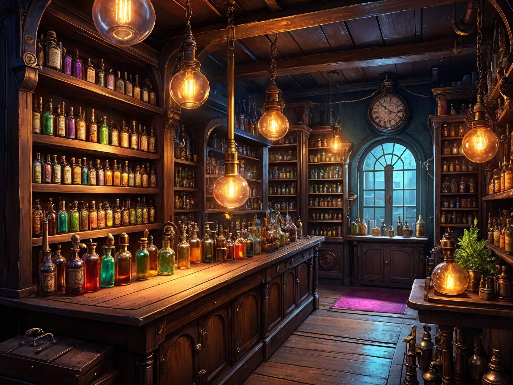 Cozy Apothecary with Colorful Bottles and Warm Lighting