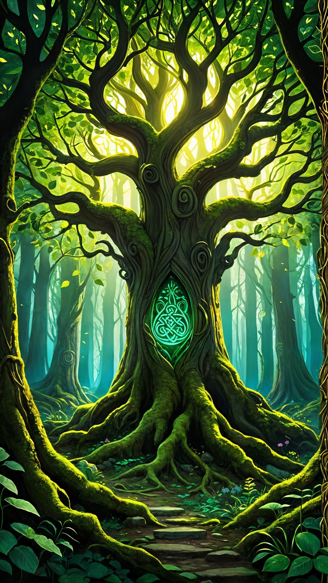 Ancient Tree in Vibrant Forest with Mystical Glow