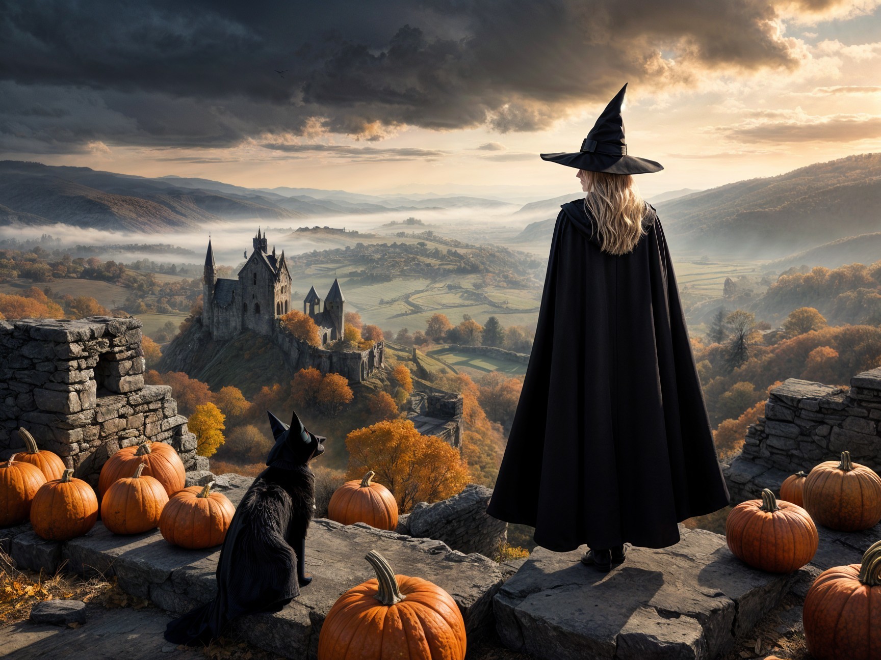 Witch on Stone Wall Overlooking Castle and Hills