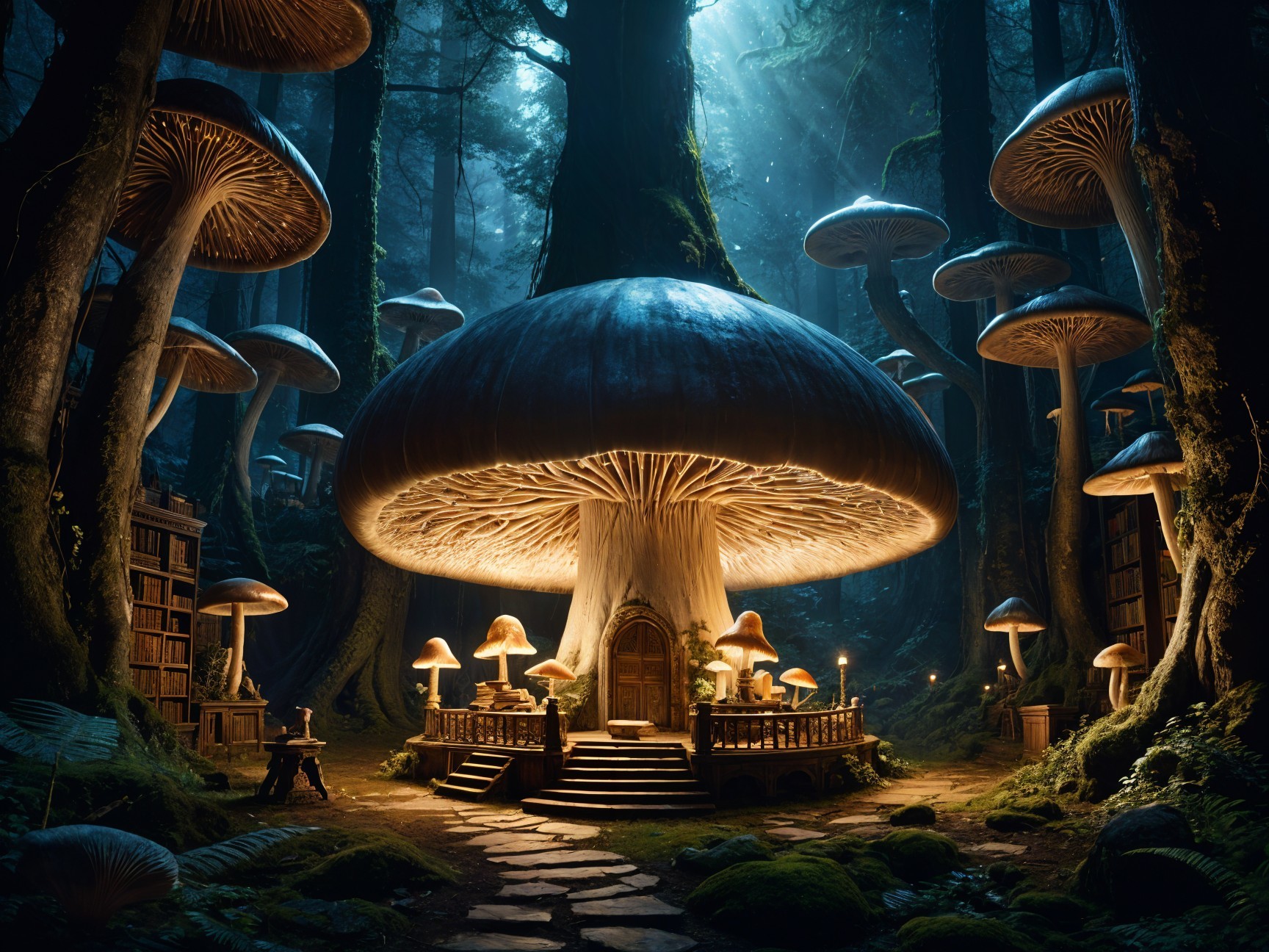 Mystical Forest with Giant Mushrooms and House