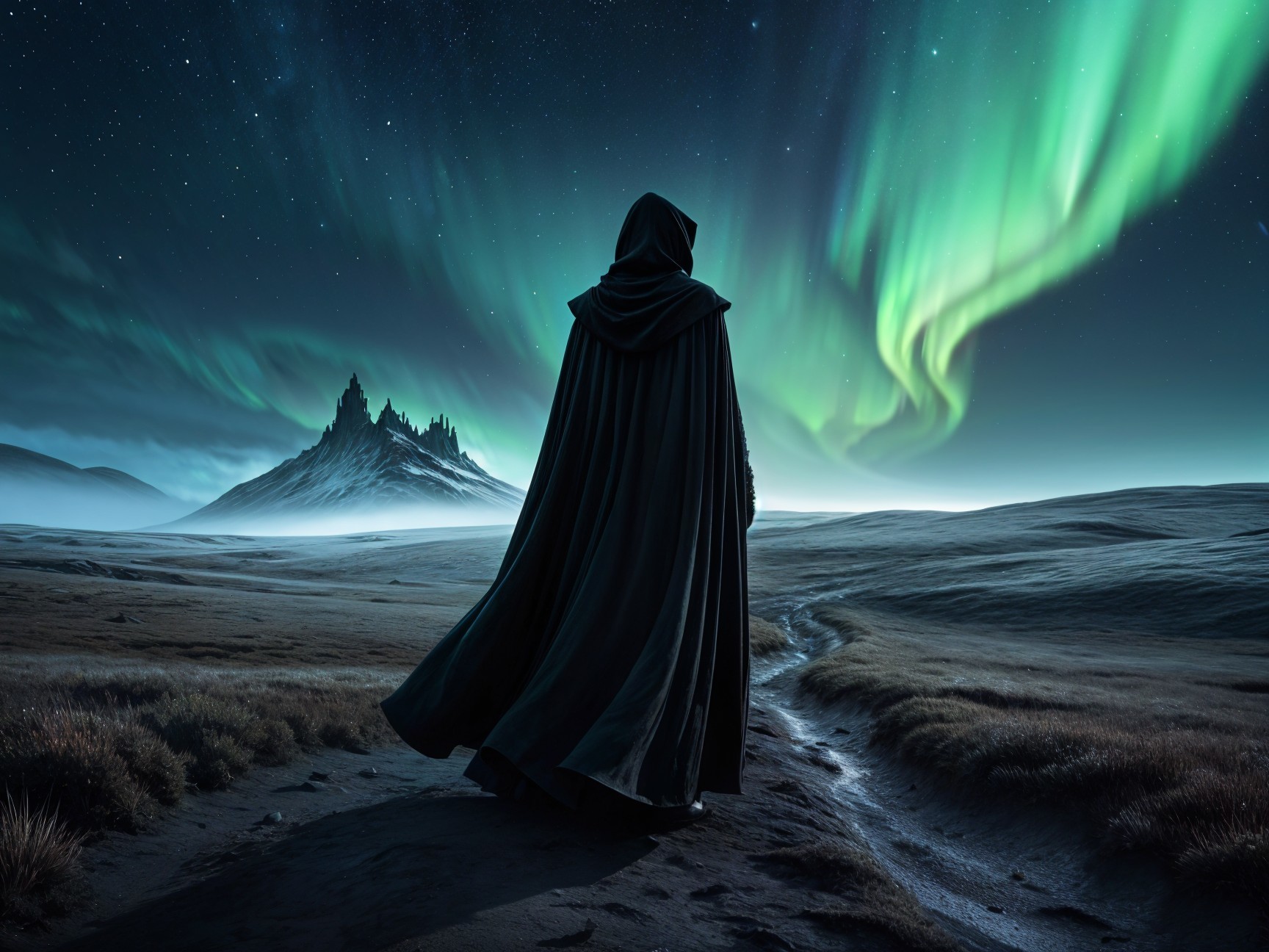 Cloaked Figure Against Aurora and Mountain Landscape