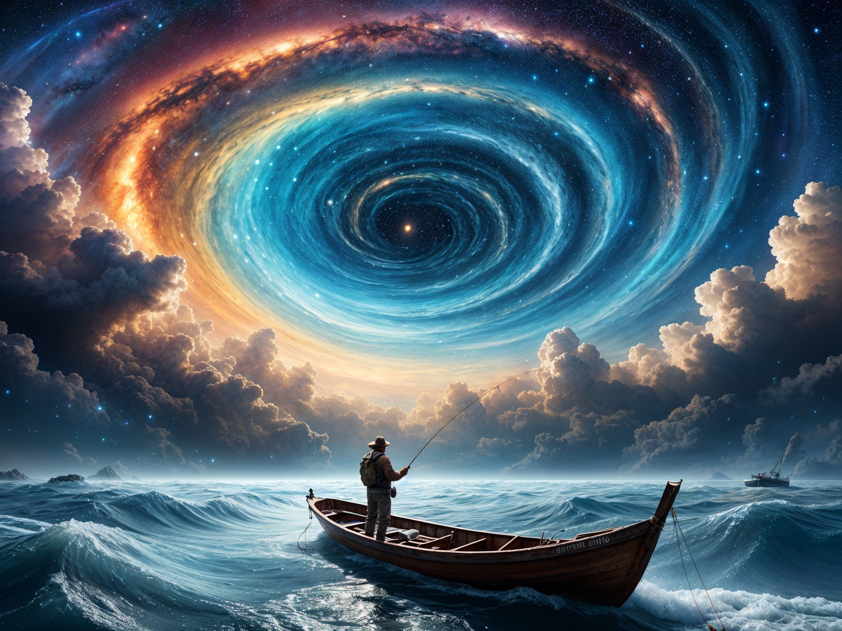 Fisherman in Boat Under Cosmic Vortex and Turbulent Waters
