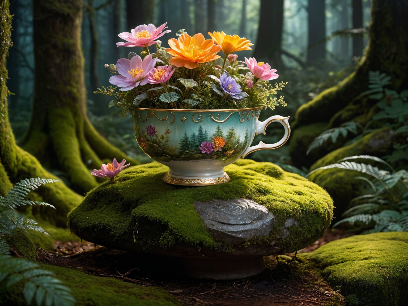 Ornate teacup with flowers in a forest setting