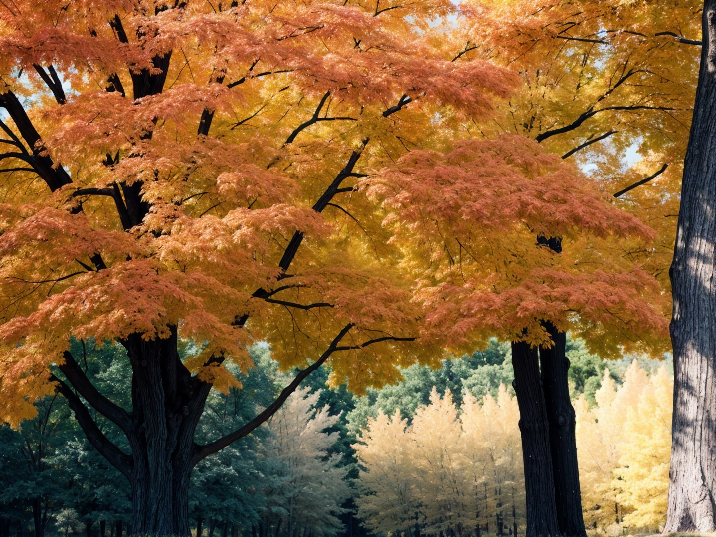 Vibrant Orange Trees Amidst Lush Greenery in Fall