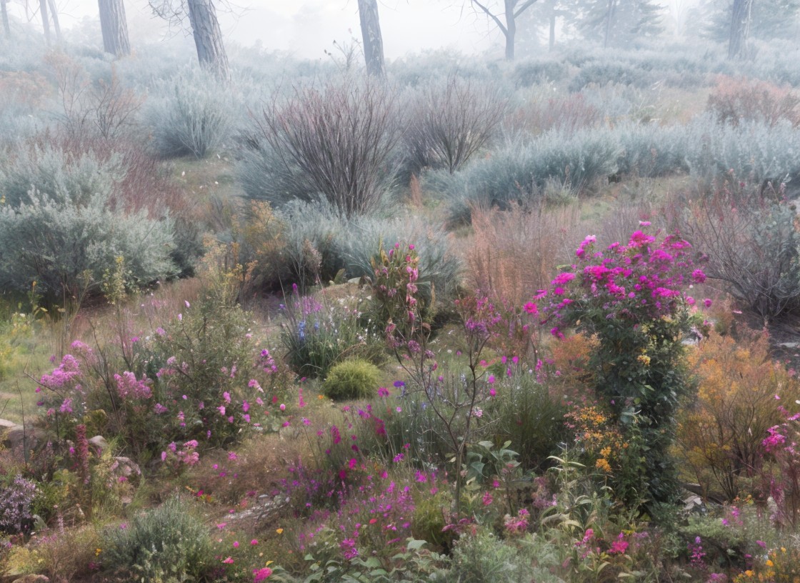 Serene Misty Landscape with Vibrant Wildflowers